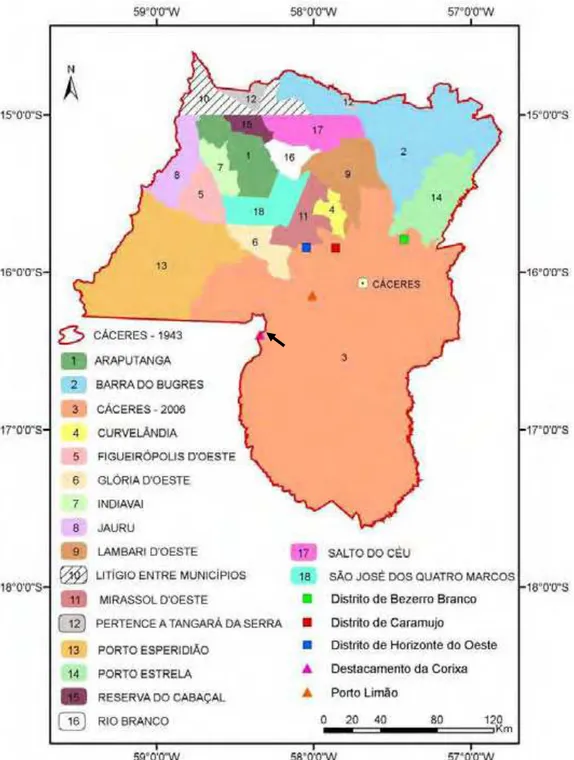 Figura 2 - Cáceres e municípios limítrofes, Estado de Mato Grosso, Brasil. Fonte: Neves (2008)