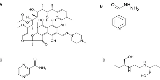 Figure 4 - The molecular strutures of first line drugs used agaisnt TB (A - Rifampin; B - Isoniazid; C -  Pirazinamide; D – Etambutol).
