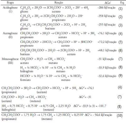 Tabela 2.3 - Comparação energética de algumas reações comuns na degradação  anaeróbia