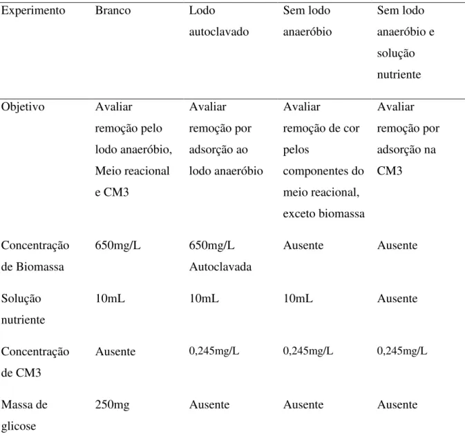 Tabela 4.3  –  Experimentos para avaliar adsorção ao lodo e influência do meio reacional 