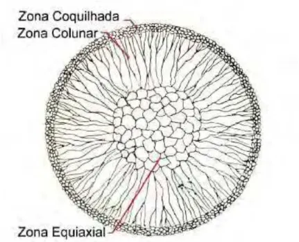 Figura 6 Representação das três zonas de solidificação presentes na macroestrutura do metal fundido