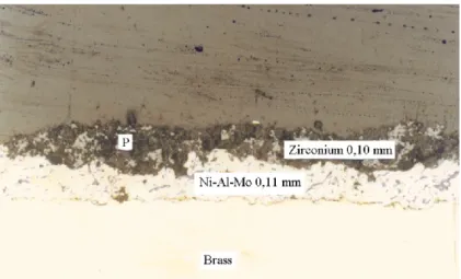 Figure 8 - Nickel-Aluminum-Molybdenum and zirconium oxide sprayed at 65° to a brass substrate (magnification: 100x) 