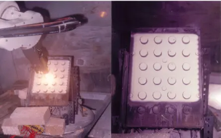 Figure 4 - Robotic spraying of the zirconium oxide coating with a spray angle of 90 °  (on the left) and final appearance of the coating (on the right) 