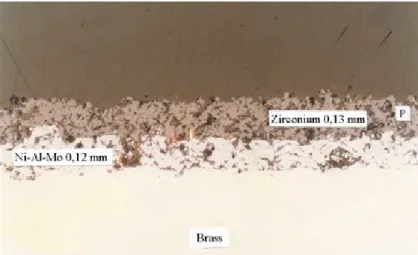 Figure 7 shows the bond coating (Nickel-Aluminum-Molybdenum) and the zirconium oxide in a brass substrate sprayed at 90°