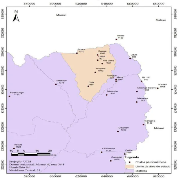 Figura 6 - Mapa de postos pluviométricos do Planalto de Angónia. 