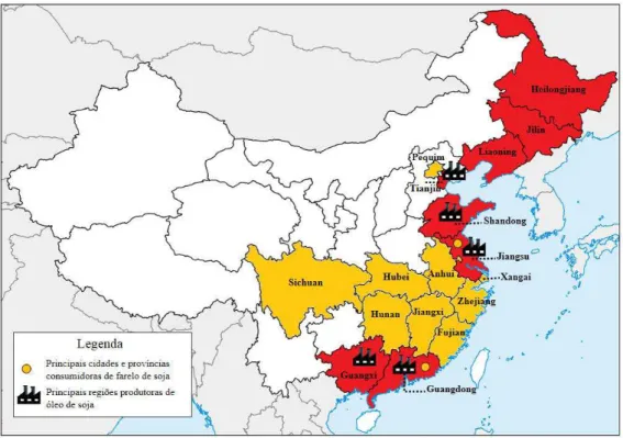 Figura 5 - Principais regiões consumidoras de farelo de soja e distribuição das   indústrias esmagadoras de soja na China