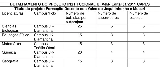 Tabela 2: Licenciaturas no PIBID/UFVJM e seus polos/bolsistas/supervisores e escolas  DETALHAMENTO DO PROJETO INSTITUCIONAL UFVJM- Edital 01/2011 CAPES