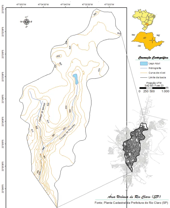 Figura 1 – Localização da Bacia do Córrego da Servidão,   inserida na área urbana de Rio Claro (SP)