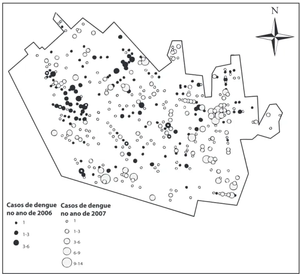 FIGURA 2 - Distribuição espacial dos casos de dengue no município de Tupã nos anos de 2006 a 2007.