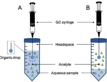 Figure 2.5 - Schematic representation of an extraction with SDME in direct immersion (A) and in the  headspace (B)