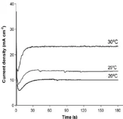 FIGURA 2.8- Curvas cinéticas de crescimento da AAP anodizadas  em regime  potenciostático para 0,3 mol L -1  H 2 C 2 O 4  em diferentes temperaturas