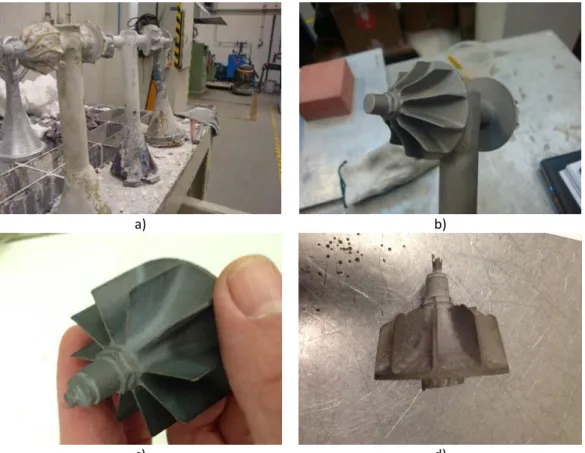 Figure 2.8 - Casted metallic tree: a) after knock-out and b) after corindon blasted; Casted parts: c)  complete filling and d) incomplete filling