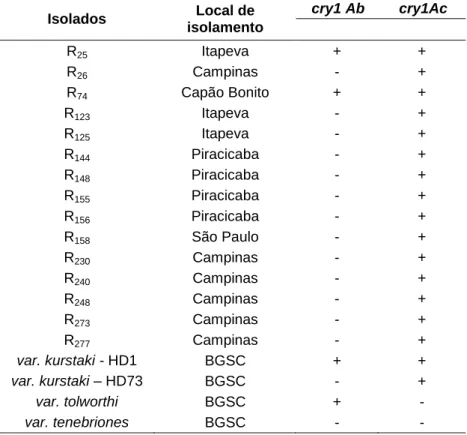 Tabela 1. Isolados de B. thuringiensis utilizados no trabalho, local de isolamento e resultado da  caracterização por PCR qualitativo