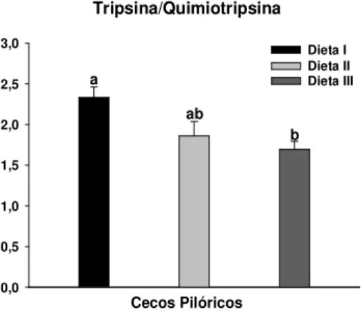 FIGURA 8: Taxa tripsina:quimiotripsina (T/Q) de cecos pilóricos de tambaqui alimentado com  diferentes taxas  carboidrato/lipídio em  três dietas experimentais:  I (30,5C-13,7L),  II (40,5C-9,1L),  III  (50,0C-4,8L)