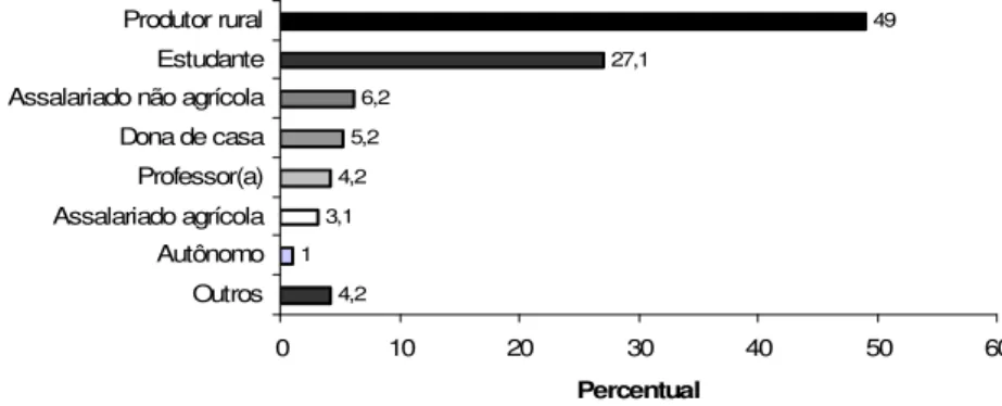 FIGURA 5 - Principais ocupações dos integrantes das famílias associadas à  ASPROHPEN, nas comunidades rurais do Planalto, Montes Claros -  MG, em 2008, em percentual 