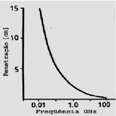 Figura II.8 – Variação da profundidade de penetração em tecidos vivos, com a frequência da radiação