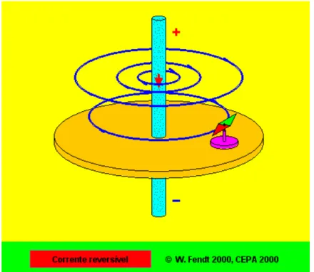 Figura 3.8. Ilustração das linhas de campo magnético originadas por uma corrente eléctrica  Fonte: Walter Fendt