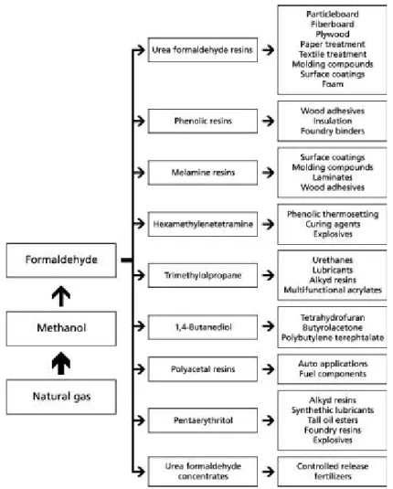 Figure  1.1  Survey  of  industrial  applications  for  formaldehyde  and  formaldehyde  products  (adapted from Salthammer et al