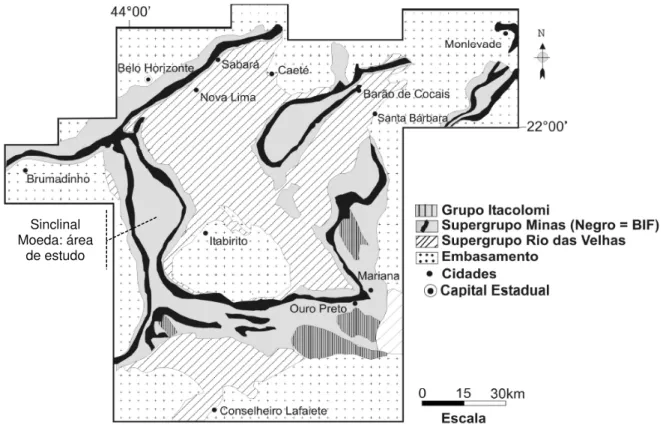 Figura 4.9- Mapa geológico simplificado do quadrilátero ferrífero. Adaptado de: Alkmim &amp; Marshak (1998)