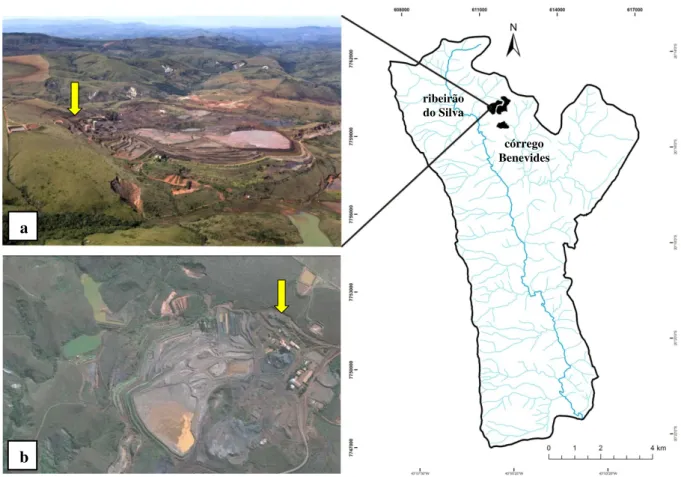 Figura 4.12- Mapa de localização, fotografia (a) e imagem Google Earth® (b) da Mineração Herculano (seta  amarela)