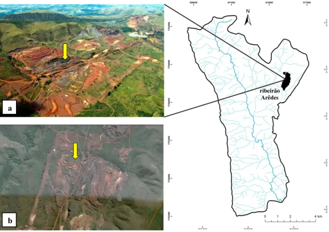 Figura 4.13- Mapa de localização, fotografia (a) e imagem Google Earth® (b) da Mineração SAFM (seta  amarela)