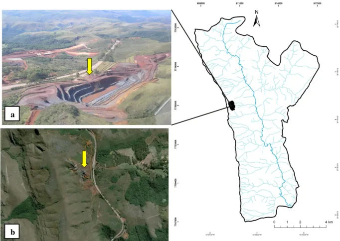 Figura 4.14- Mapa de localização, fotografia (a) e imagem Google Earth® (b) da Mineração Gerdau (seta  amarela)