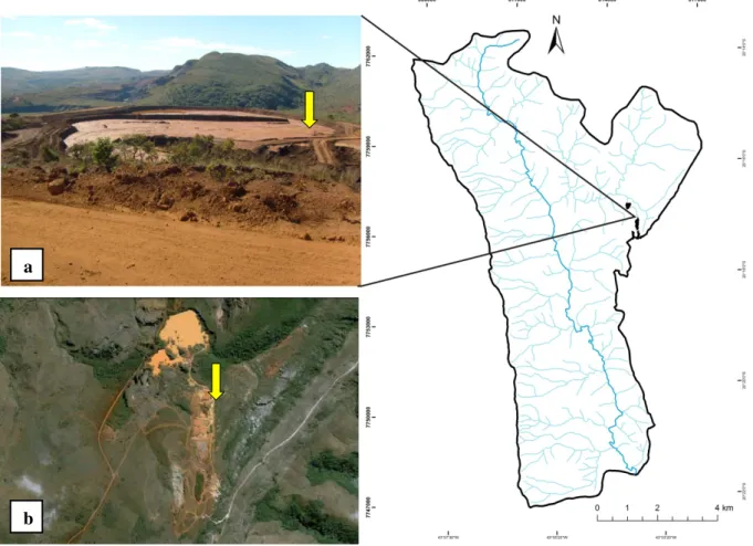 Figura 4.15- Mapa de localização, fotografia (a) e imagem Google Earth® (b) da Mineração Arêdes (seta  amarela)