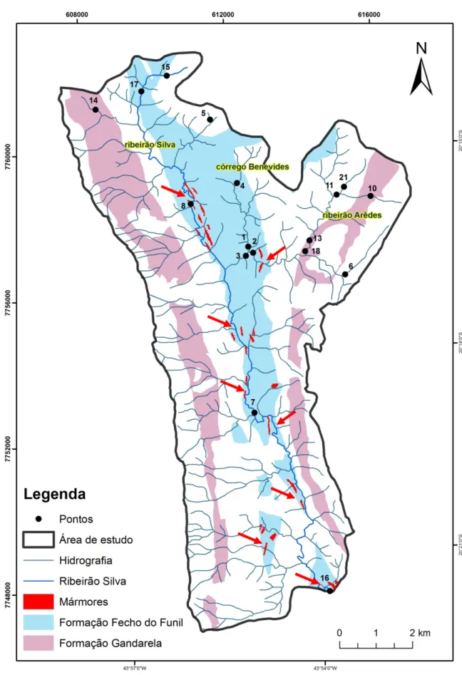 Figura 5.7- Mapa mostrando a ocorrência das formações contendo carbonatos: Gandarela (grupo Itabira) Fecho  do Funil (grupo Piracicaba) na área de estudo