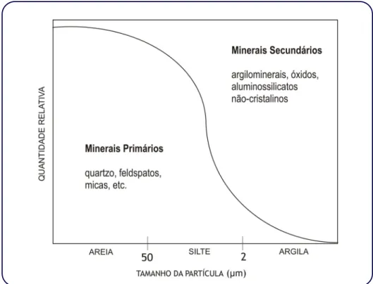 Figura 4.6 – Abundância relativa de minerais primários e secundários em relação à fração granulométrica  (McBride 1994)