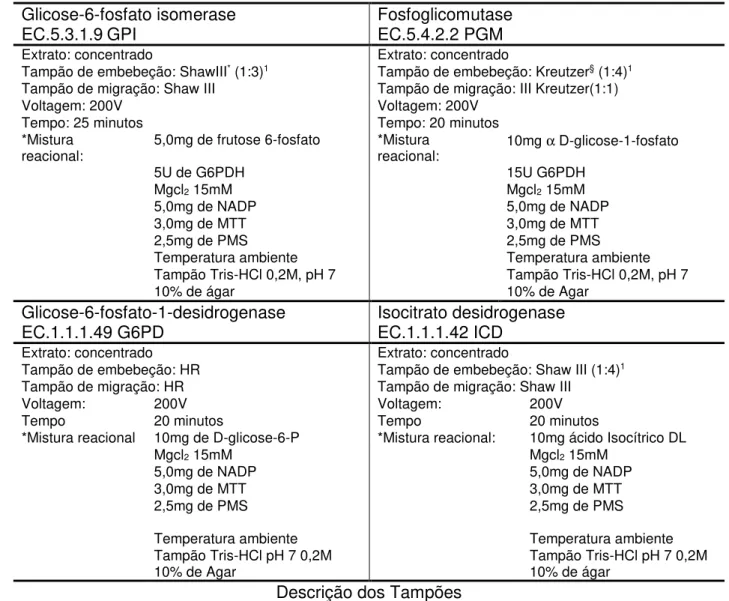 Tabela  1  -  Condições  eletroforéticas  e  de  revelação  usadas  para  os  sistemas  enzimáticos estudados