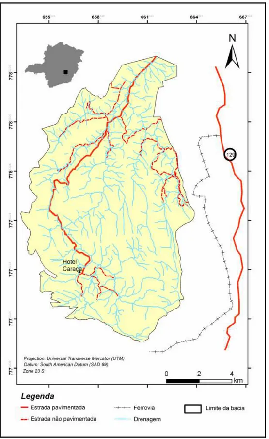 Figura 1.2 - Mapa de localização da região em estudo, contendo as principais vias de acesso à área estudada  (Modificado de IBGE 2005)