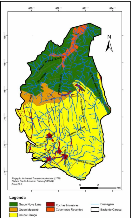 Figura 1.4 - Mapa geológico simplificado da área de estudo, contendo a rede de drenagem (Modificado de  Codemig 2004)