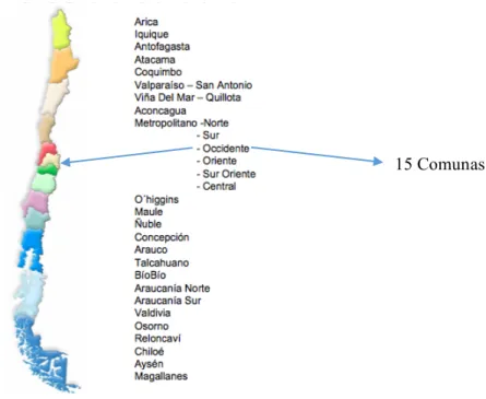 Figura 1: Servicios de Salud del País distribuidos según regiones de Chile  15 Comunas 