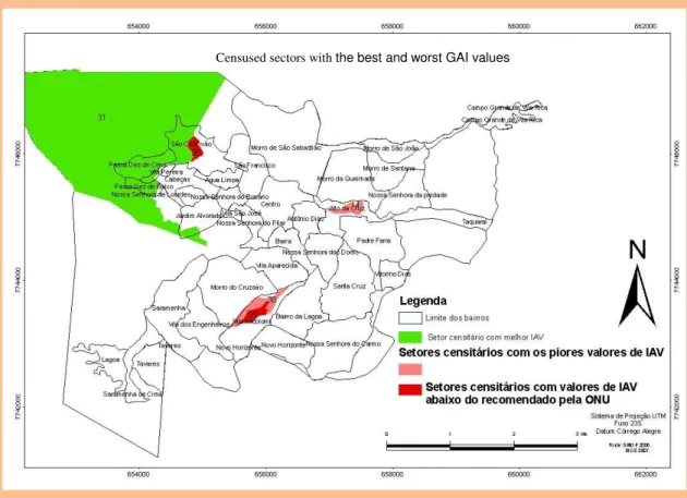 Figure 5 shows the location of the best and  worst values for GAI. We can observe in Table  4 the four censused sectors (38, 14, 30 and 39)  comprising part of São Cristovão, Vila  Itacolomi  and  Alto da Cruz  neighborhoods,  where  the GAI is  below the 