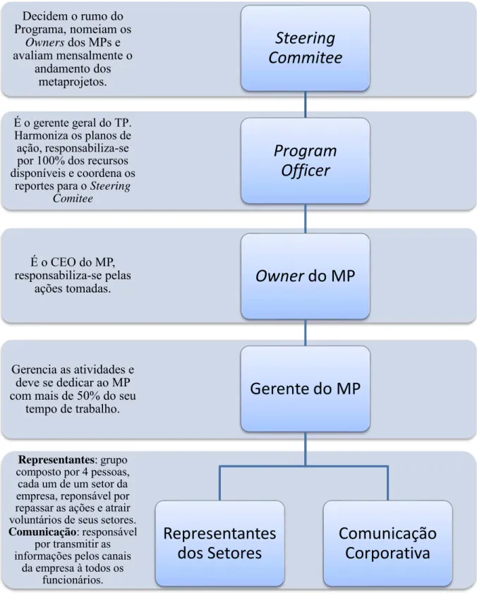 Figura 4 - Estrutura organizacional e escopo dos cargos dos metaprojetos (elaborado pela autora) Representantes: grupo 