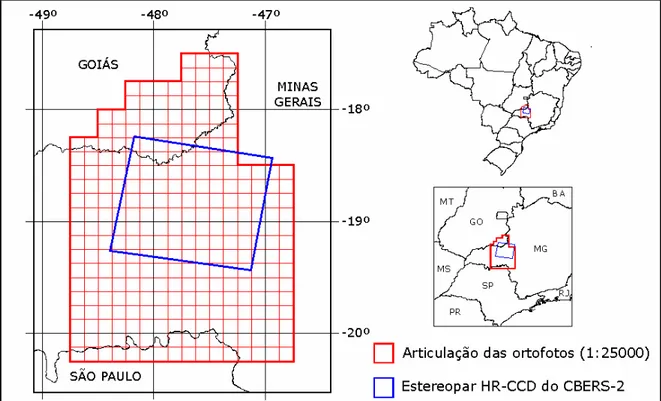 FIGURA 5 - Localização da área de estudo e articulação dos ortomosaicos 1:25.000 do IBGE                       (Fonte: Adaptado de MARANHÃO e RAIVEL, 2005)