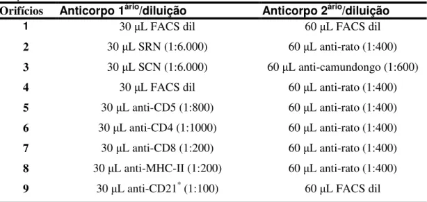 Tabela 2 – Distribuição do painel de anticorpos anti-marcadores de superfície celular de leucócitos do sangue  periférico  ou  de  células  mononucleares  do  sangue  periférico  estimuladas  in  vitro  para  fenotipagem  em  microplacas de 96 orifícios 