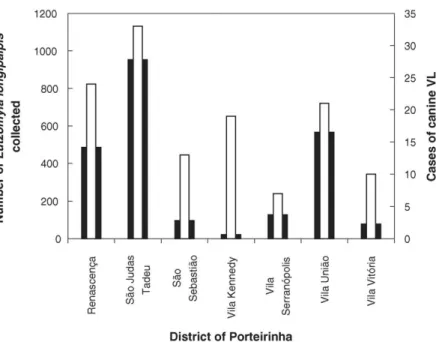 Fig. 4. Distribution of Lutzomyia longipalpis population (black bars) and new cases of canine AVL (white bars) per district of Porteirinha, between January 2000 and December 2001