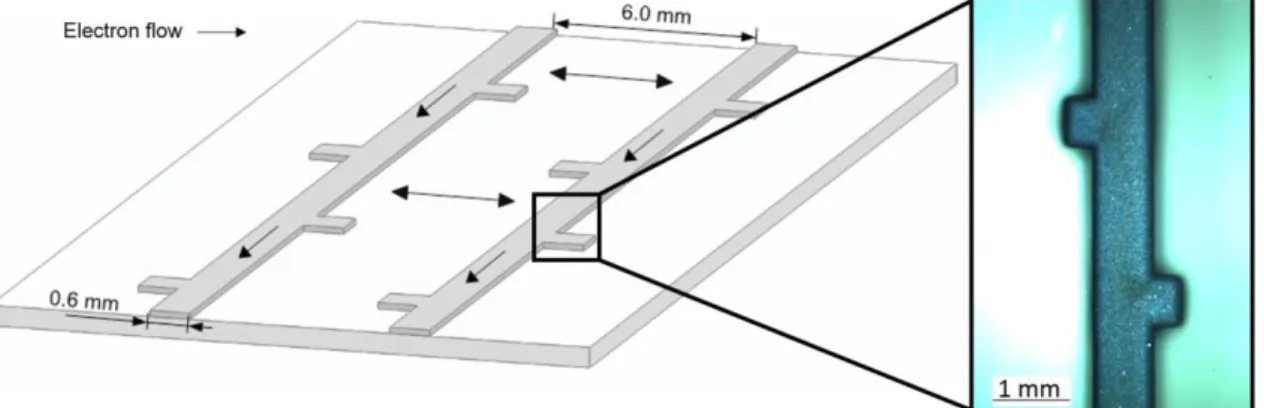 Fig.  1 Left: Current collectors design deposited on top of a TCO glass substrate (not drawn in scale)