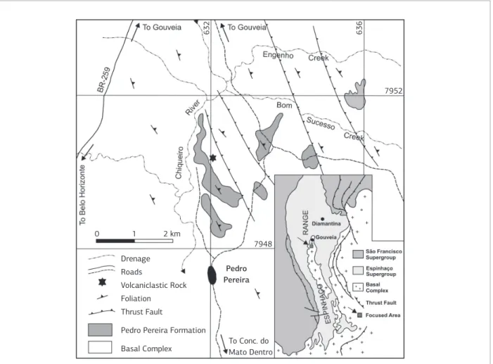 Figure 1. Simplified geological map of the Pedro Pereira region, south of Gouveia, showing the distribution of  Pedro Pereira Formation (Costa Sena Group) embedded in the granitoid rocks of the Basal Complex (after Carvalho  1982)