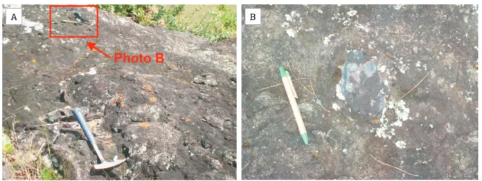 Figure 2. (A) General aspect of the brecciated volcaniclastic rock near the Pedro Pereira village, and (B) a detail of  a sub-angular clast of banded iron formation.