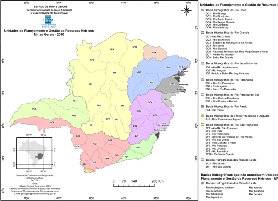 Figura 2.2: Unidades de Planejamento e Gestão de Recursos Hídricos no Estado de Minas Gerais 
