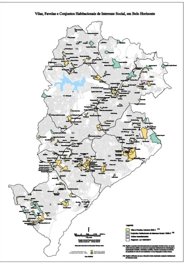 Figura 4.1:  Distribuição geográfica das Vilas e Favelas de Belo Horizonte 