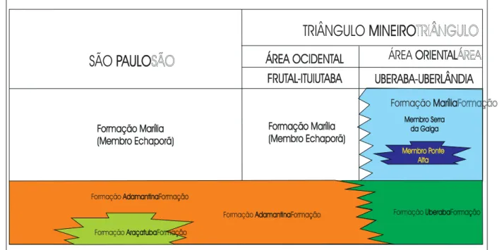 Figura 7 – Coluna litoestratigráfica do Grupo Bauru no Triângulo Mineiro e São Paulo (BARCELOS &amp; SUGUIO, 1987 - Modificado).