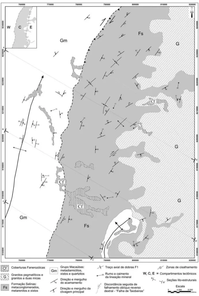 Figura 4 - Mapa geológico simplificado da área estudada, com a indicação dos domínios estruturais  oeste (W), central (C) e leste (E).(Confeccionado com base em Pedrosa-Soares &amp; Oliveira 1997).