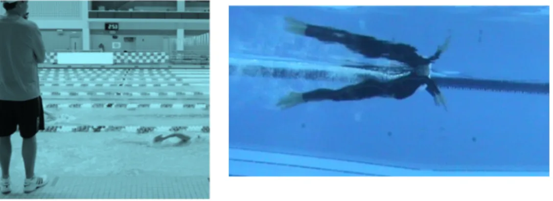 Figura 1- Observação sistemática para análise técnica, vista aérea (lado esquerdo), vista subaquática  (lado direito)
