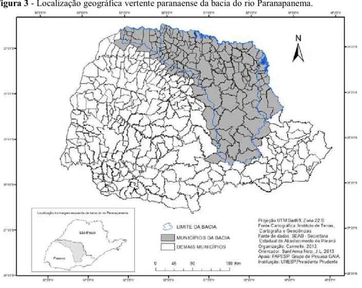 Figura 3 - Localização geográfica vertente paranaense da bacia do rio Paranapanema.   