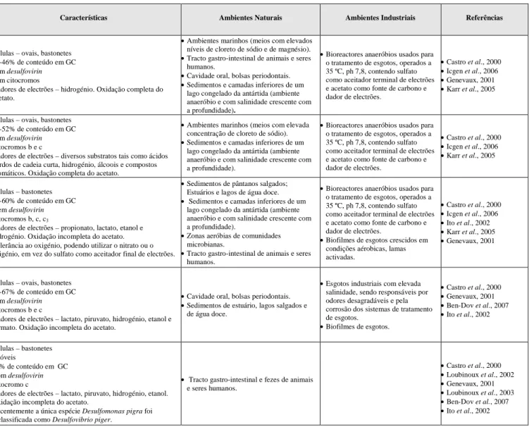 Tabela 3.1 – Grupos filogenéticos e algumas características de SRB, adaptado e actualizado de Castro, 2000