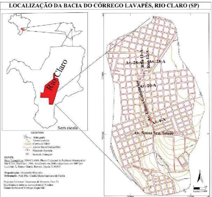 Figura 1 – Localização da Bacia Hidrográfica do Córrego Lavapés. Fonte: Planta Cadastral da Prefeitura  Municipal de Rio Claro, 2000, adaptada por Rossetti (2007)