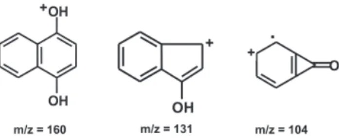 Figure 4. Proposed structures of relevant fragments corresponding to the mass spectra of  1,4-dihydronaphtoquinone, detected as the peak with 7.718 min of elution in the chromatogram  (GC/MS analysis) of the yeast-elicited cells of Rudgea jasminoides.
